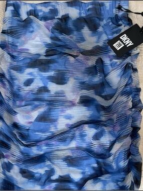 DKNY Blue and Black Abstract Ruched Skirt with Lavender Accents